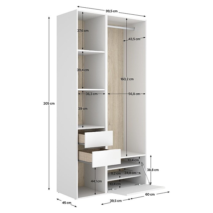 Dekit Mueble vestidor Suit (L x An x Al: 45 x 99,5 x 204,5 cm, Blanco/Natural, Trasera reversible) | BAUHAUS