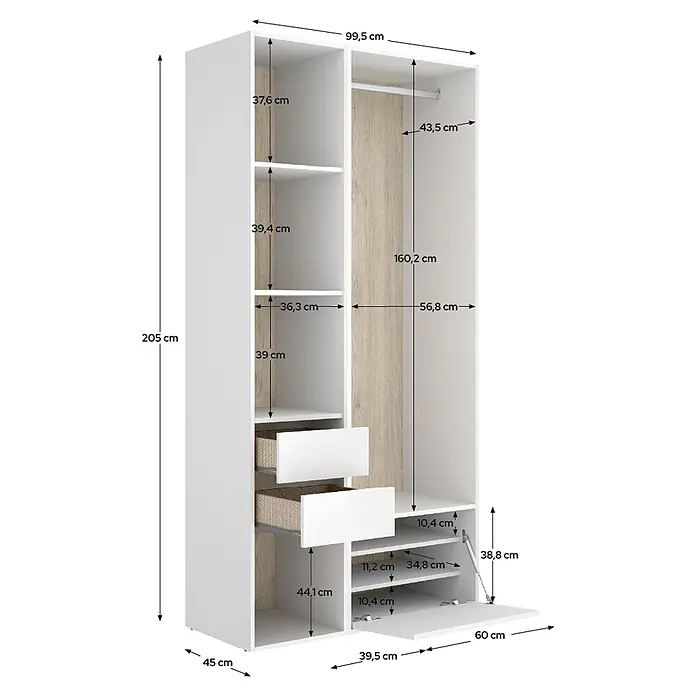 Dekit Armario para ropa Suit - L x An x Al: 45 x 99,5 x 204,5 cm, Blanco/Natural, Trasera reversible - Armario blanco y efecto madera clara con estantes, cajones, barra de colgar y compartimento inferior abatible. Medidas: 205x99,5x45 cm.