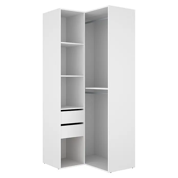 Dekit Armario para ropa Suit - L x An x Al: 104,5 x 84,5 x 204,5 cm, Blanco/Natural, Trasera reversible - Armario esquinero blanco con estantes abiertos, dos cajones y una barra para colgar.