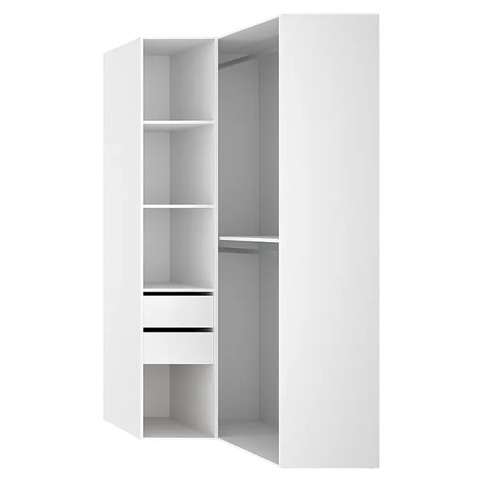 Dekit Armario para ropa Suit - L x An x Al: 104,5 x 84,5 x 204,5 cm, Blanco/Natural, Trasera reversible - Armario abierto blanco con estantes, dos cajones y una barra para colgar.
