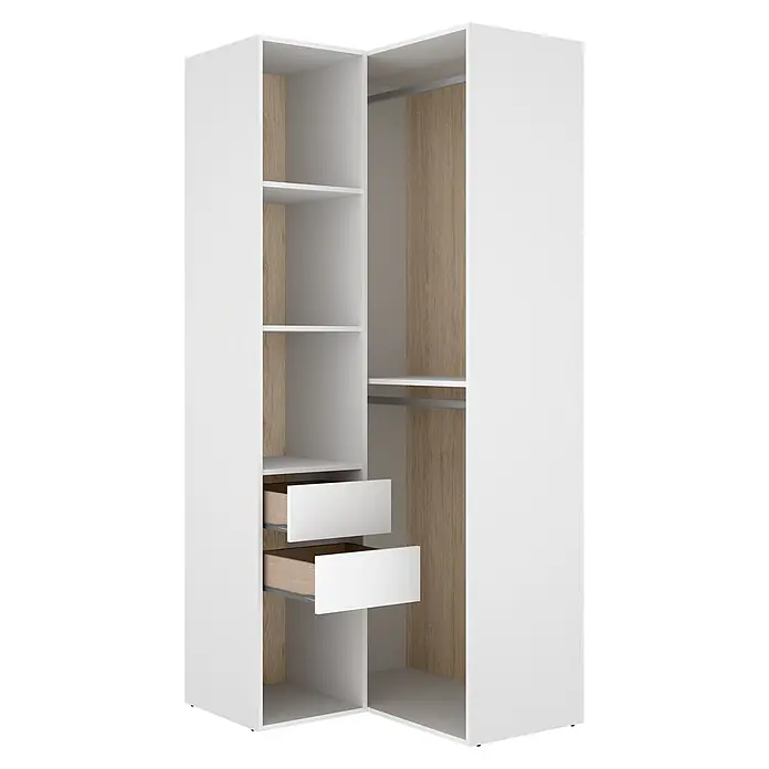 Dekit Armario para ropa Suit - L x An x Al: 104,5 x 84,5 x 204,5 cm, Blanco/Natural, Trasera reversible - Armario esquinero blanco con interior de madera clara, con estantes, barra para colgar y dos cajones extraíbles.