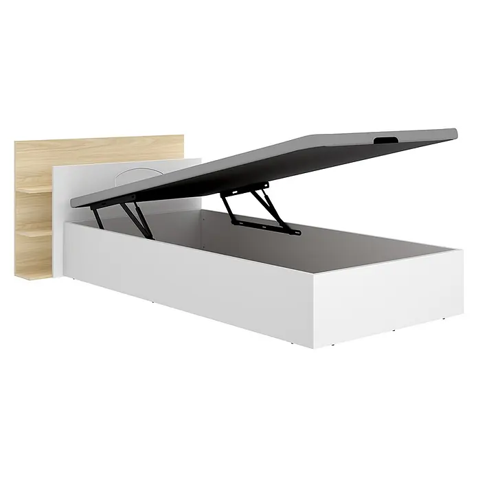 Dekit Cabecero de cama Tori - L x An: 209,2 x 105,2 cm, Blanco/Roble claro, Con canapé - Cama canapé blanca con base abatible que revela almacenamiento interno y cabecero de madera clara con estantes.
