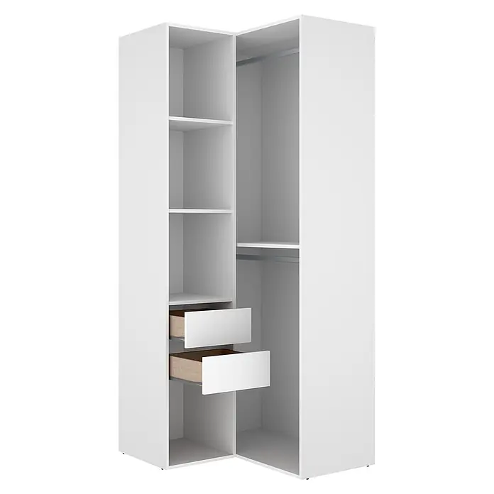 Dekit Armario para ropa Suit - L x An x Al: 104,5 x 84,5 x 204,5 cm, Blanco/Natural, Trasera reversible - Armario esquinero blanco con estantes abiertos, barra de colgar y dos cajones extraíbles con interior de madera clara.