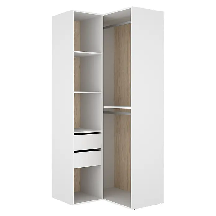 Dekit Armario para ropa Suit - L x An x Al: 104,5 x 84,5 x 204,5 cm, Blanco/Natural, Trasera reversible - Armario esquinero blanco con interior de efecto madera, estantes, dos cajones y barra de colgar.