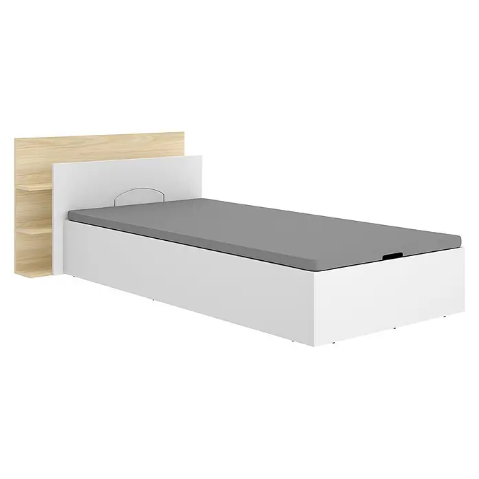 Dekit Cabecero de cama Tori - L x An: 209,2 x 105,2 cm, Blanco/Roble claro, Con canapé - Cama individual con estructura blanca, colchón gris y cabecero de madera clara con estantes.