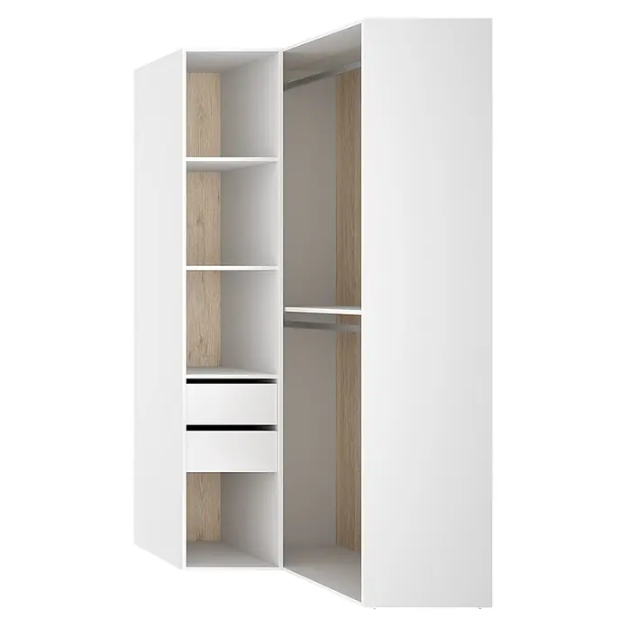 Dekit Armario para ropa Suit - L x An x Al: 104,5 x 84,5 x 204,5 cm, Blanco/Natural, Trasera reversible - Armario blanco con interior de madera clara, con estantes abiertos, dos cajones y dos barras para colgar ropa, para un almacenaje versátil.