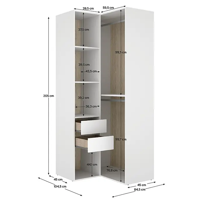 Dekit Armario para ropa Suit - L x An x Al: 104,5 x 84,5 x 204,5 cm, Blanco/Natural, Trasera reversible - Armario de esquina blanco con detalles de madera clara, estantes, cajones y espacio para colgar. Se indican las dimensiones detalladas.