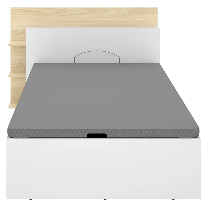Dekit Cabecero de cama Tori - L x An: 209,2 x 105,2 cm, Blanco/Roble claro, Con canapé - Estructura de cama blanca con cabecero de madera clara y colchón gris con asa.