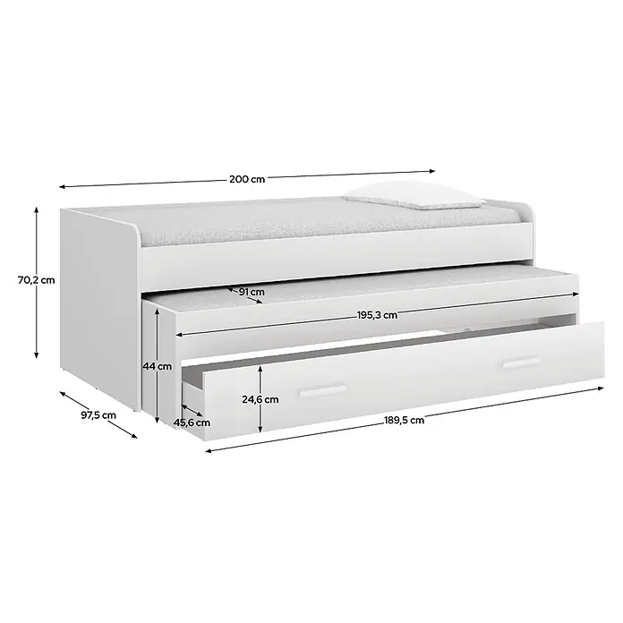 Dekit Cama nido Pema - L x An x Al: 200 x 97,5 x 70 cm, Blanco - Cama nido blanca con cama extraíble y cajón de almacenamiento, con dimensiones. Ideal para espacios pequeños.