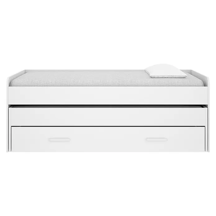 Dekit Cama nido Pema - L x An x Al: 200 x 97,5 x 70 cm, Blanco - Cama blanca con colchón gris claro, almohada blanca y dos cajones de almacenamiento extraíbles integrados.