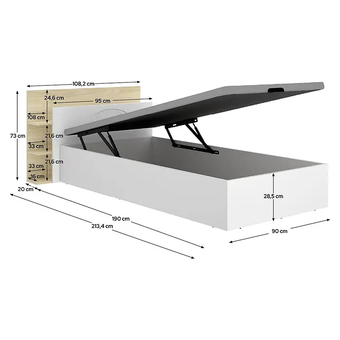 Dekit Cabecero de cama Tori - L x An: 209,2 x 105,2 cm, Blanco/Roble claro, Con canapé - Cama individual blanca con canapé abatible y cabecero de madera clara con estantes.