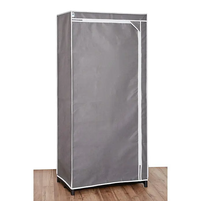 Textiler Kleiderschrank - L x B x H: 50 x 75 x 160 cm, Grau - Ein grauer, tragbarer Kleiderschrank mit weißer Umrandung und Reißverschluss steht auf einem Holzboden und bietet zusätzlichen Stauraum für Kleidung.