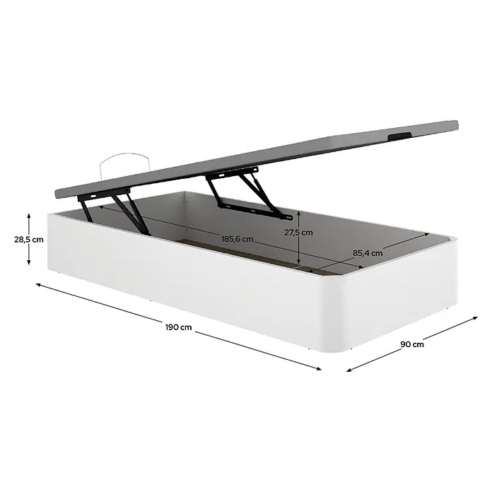 Dekit Canapé Round - 190 x 90 x 32 cm, Blanco, Abatible - Estructura de cama canapé blanca con tapa gris abatible abierta, mostrando compartimento interno y dimensiones.