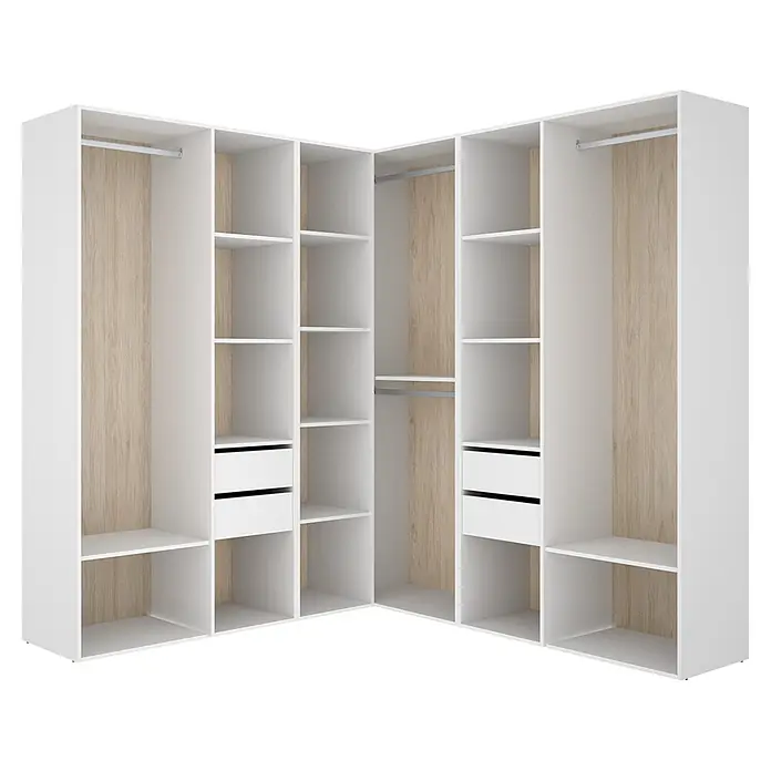 Dekit Armario para ropa Suit - L x An x Al: 186,3 x 182,4 x 204,5 cm, Blanco/Natural, Trasera reversible - Sistema de armario esquinero blanco con interior de madera clara, con barras, estantes y cajones de almacenaje.