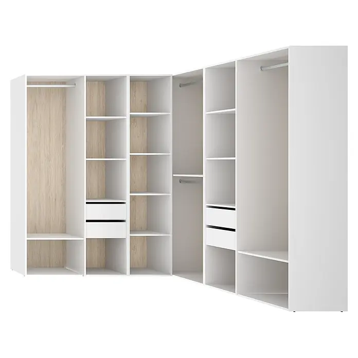 Dekit Armario para ropa Suit - L x An x Al: 186,3 x 182,4 x 204,5 cm, Blanco/Natural, Trasera reversible - Armario esquinero blanco con estantes, cajones y barras para colgar. Paneles traseros con acabado de madera en algunas secciones.