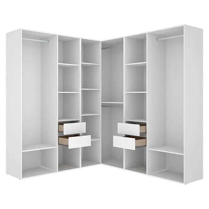 Dekit Armario para ropa Suit - L x An x Al: 186,3 x 182,4 x 204,5 cm, Blanco/Natural, Trasera reversible - Sistema de armario esquinero blanco con barras, estantes y cajones extraíbles para un almacenamiento organizado.