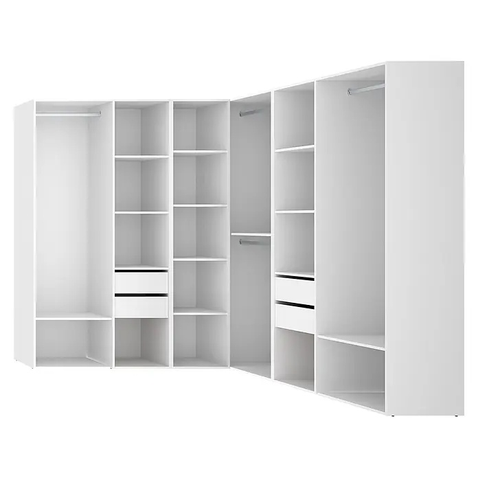 Dekit Armario para ropa Suit - L x An x Al: 186,3 x 182,4 x 204,5 cm, Blanco/Natural, Trasera reversible - Armario esquinero blanco en forma de L con estantes, barras para colgar y cajones para almacenamiento versátil.
