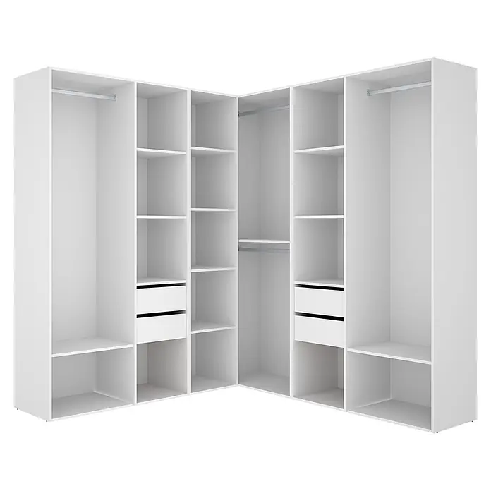 Dekit Armario para ropa Suit - L x An x Al: 186,3 x 182,4 x 204,5 cm, Blanco/Natural, Trasera reversible - Sistema de armario esquinero blanco con barras para colgar, estantes y dos cajones, ideal para almacenaje versátil.