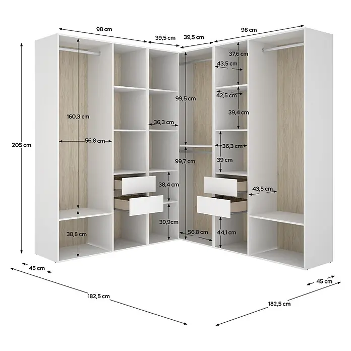 Dekit Armario para ropa Suit - L x An x Al: 186,3 x 182,4 x 204,5 cm, Blanco/Natural, Trasera reversible - Armario esquinero en forma de L blanco y madera clara con barras, estantes y cajones, con dimensiones.