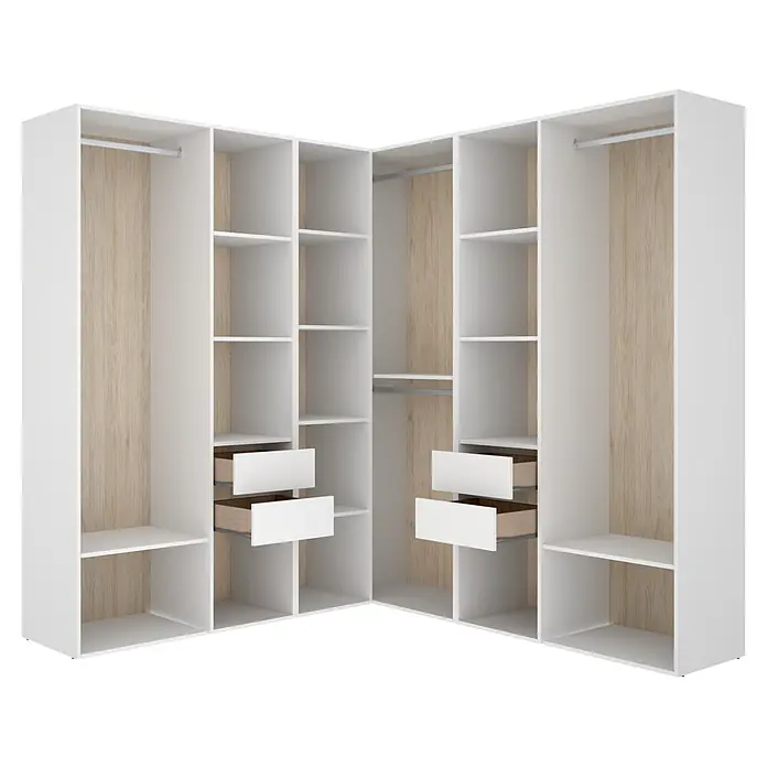 Dekit Armario para ropa Suit - L x An x Al: 186,3 x 182,4 x 204,5 cm, Blanco/Natural, Trasera reversible - Armario esquinero blanco con paneles de madera clara, estantes, barras para colgar y cajones abiertos.