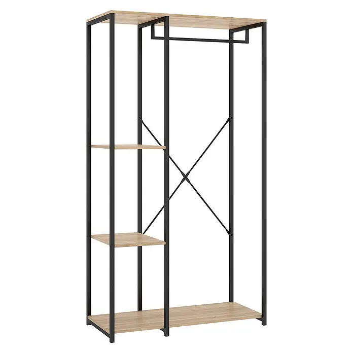 Dekit Armario para ropa Trok - L x An x Al: 40,4 x 90 x 167 cm, Negro/Roble, Acero/Melamina - Armario abierto de estilo industrial con marco de metal negro, estantes de madera clara y barra de ropa.
