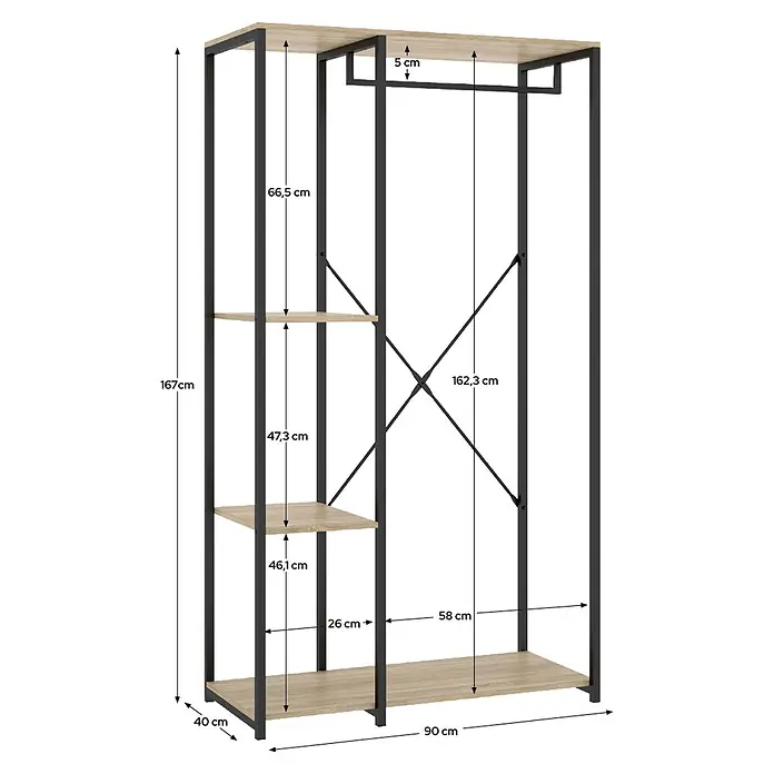 Dekit Armario para ropa Trok - L x An x Al: 40,4 x 90 x 167 cm, Negro/Roble, Acero/Melamina - Armario abierto con estructura de metal negro, estantes de madera clara y barra para colgar. Las dimensiones se muestran.