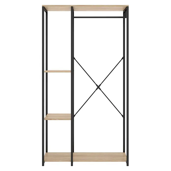 Dekit Armario para ropa Trok - L x An x Al: 40,4 x 90 x 167 cm, Negro/Roble, Acero/Melamina - Perchero de pie de metal negro y madera clara con barra para colgar y varios estantes.
