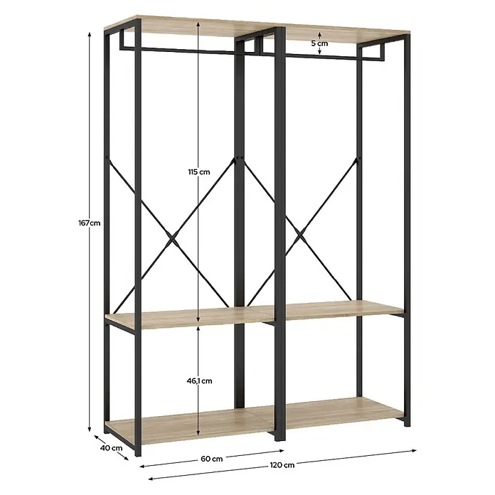 Dekit Armario para ropa Trok - L x An x Al: 40,4 x 120 x 167 cm, Negro/Roble, Acero/Melamina - Estantería con estructura de metal negro y estantes efecto madera clara.