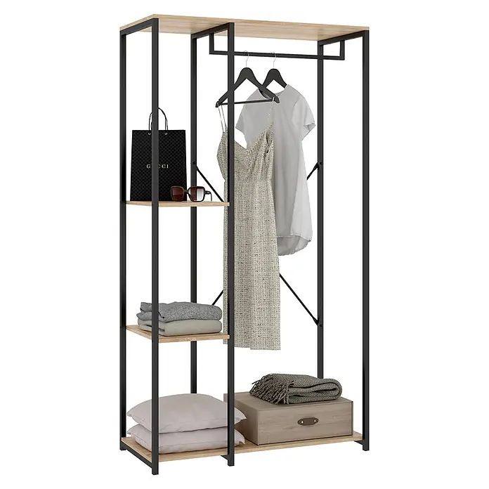 Dekit Armario para ropa Trok - L x An x Al: 40,4 x 90 x 167 cm, Negro/Roble, Acero/Melamina - Armario abierto con estructura de metal negro y estantes de madera clara, mostrando ropa, artículos doblados, almohadas, una caja y un bolso.