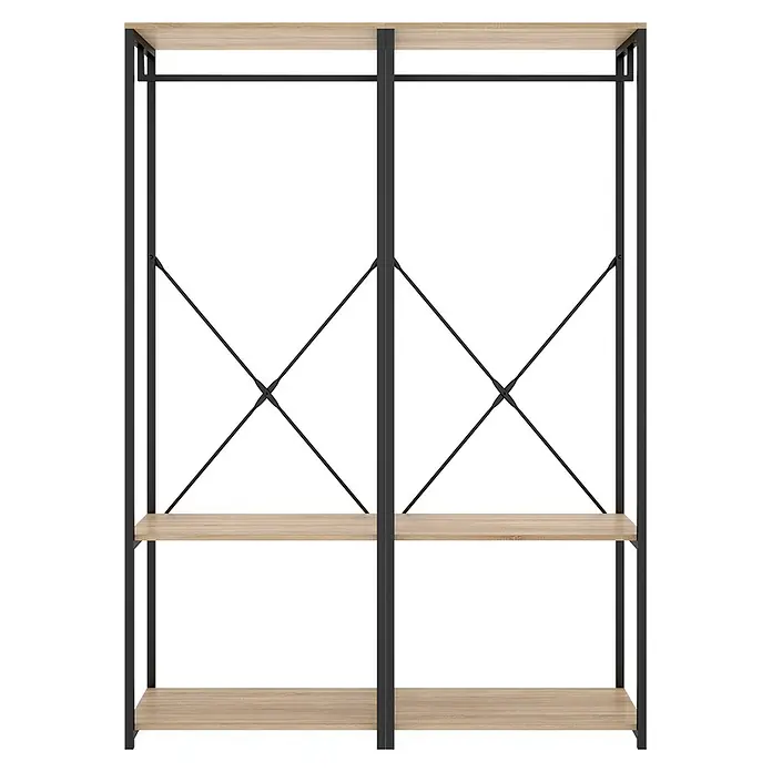 Dekit Armario para ropa Trok - L x An x Al: 40,4 x 120 x 167 cm, Negro/Roble, Acero/Melamina - Armario abierto con estructura de metal negro, estantes de madera clara, barra de ropa y soportes cruzados diagonales.