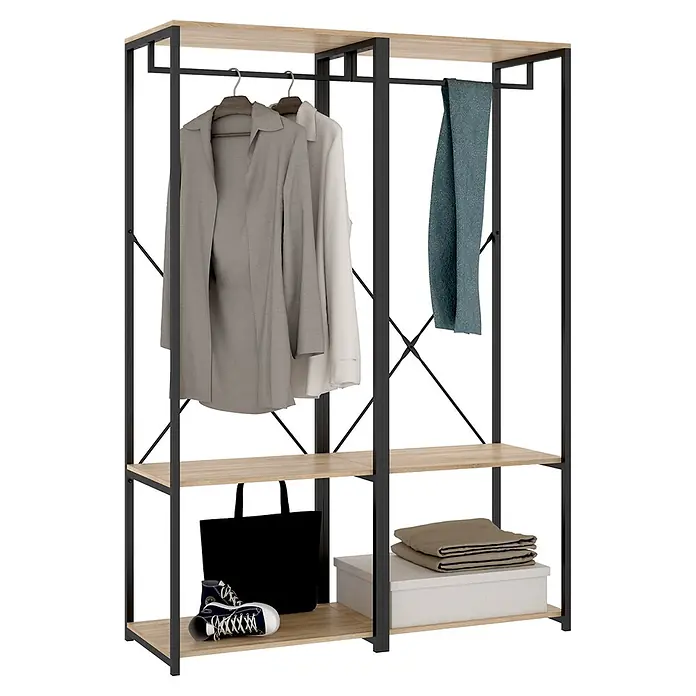 Dekit Armario para ropa Trok - L x An x Al: 40,4 x 120 x 167 cm, Negro/Roble, Acero/Melamina - Armario abierto de estilo industrial con marco de metal negro y estantes de madera clara, mostrando ropa, zapatos y almacenamiento.