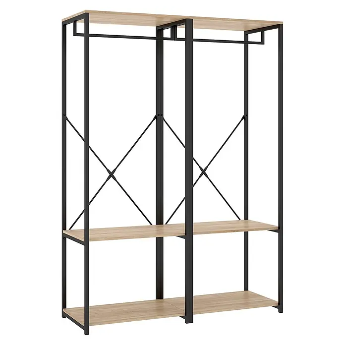 Dekit Armario para ropa Trok - L x An x Al: 40,4 x 120 x 167 cm, Negro/Roble, Acero/Melamina - Armario abierto de metal negro con estantes de madera clara y barras para colgar ropa.