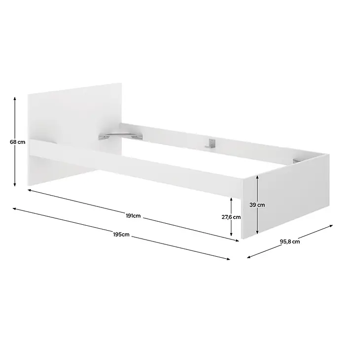 Dekit Cama Top - L x An x Al: 195 x 96 x 68 cm, Blanco - Estructura de cama blanca con cabecero y piecero, mostrando todas las dimensiones clave.