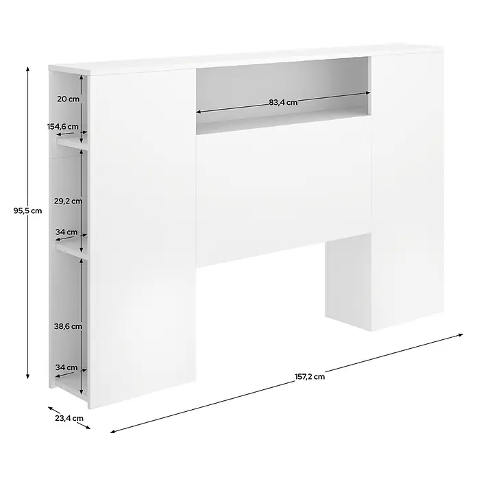 Dekit Ten Cabecero de cama - L x An: 23,4 x 157,2 cm, Blanco - Cabecero blanco con estantes y compartimentos de almacenamiento integrados, mostrado con dimensiones detalladas de largo, alto y profundidad.