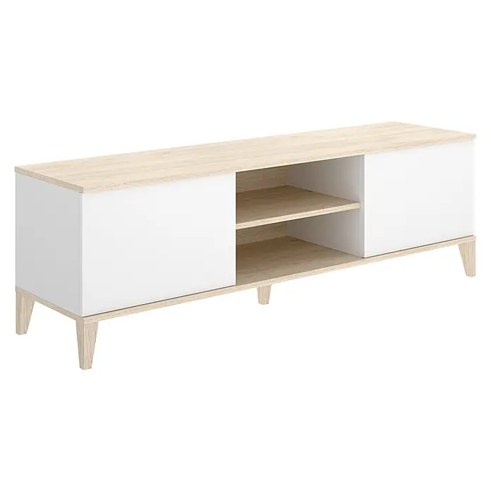 Dekit Mueble para TV Boston - L x An x Al: 39,9 x 150 x 48,1 cm, Natural/Blanco - Mueble TV de madera clara con armarios laterales blancos, estantes centrales abiertos y patas inclinadas.