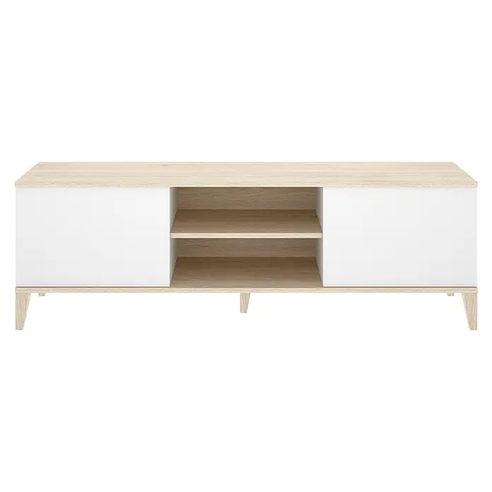 Dekit Mueble para TV Boston - L x An x Al: 39,9 x 150 x 48,1 cm, Natural/Blanco - Mueble de TV blanco y madera clara con dos puertas y dos estantes abiertos, sobre patas cónicas.