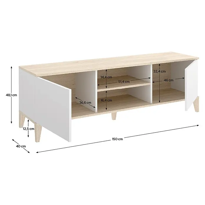Dekit Mueble para TV Boston - L x An x Al: 39,9 x 150 x 48,1 cm, Natural/Blanco - Mueble de TV bicolor en efecto madera clara y blanco, con estantes abiertos y dos armarios, dimensiones mostradas.