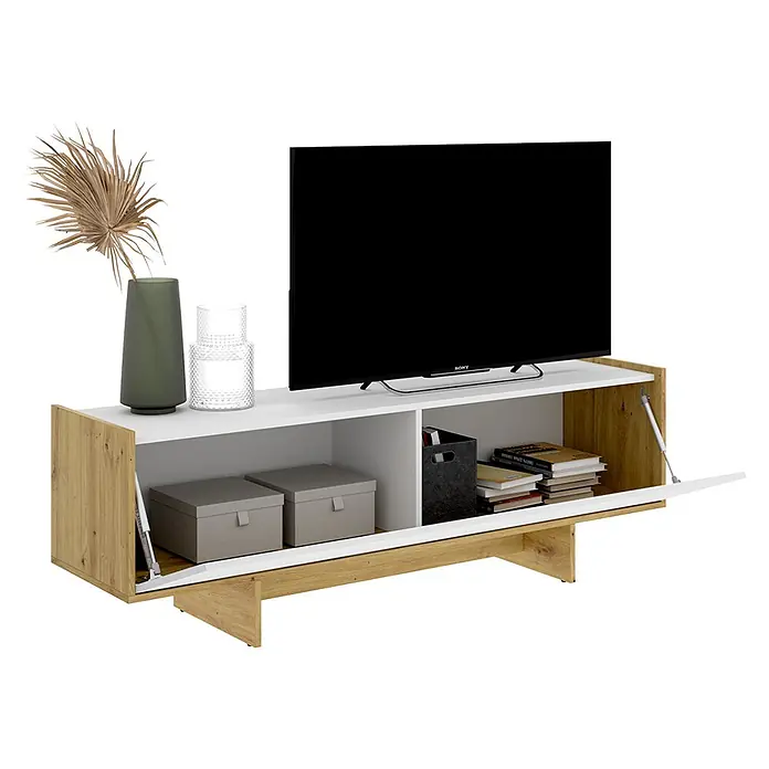 Dekit Mueble para TV Ka - L x An x Al: 30 x 150 x 49,6 cm, Blanco/Roble Nordic - Mueble de TV blanco y madera clara con estantes abiertos, compartimentos laterales y un TV. Las puertas laterales se abren hacia abajo.
