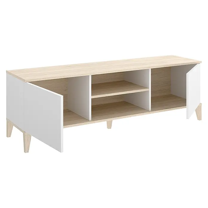 Dekit Mueble para TV Boston - L x An x Al: 39,9 x 150 x 48,1 cm, Natural/Blanco - Mueble de TV moderno con tapa y estantes de madera clara, con dos armarios laterales blancos y dos estantes centrales abiertos, sobre patas cónicas.