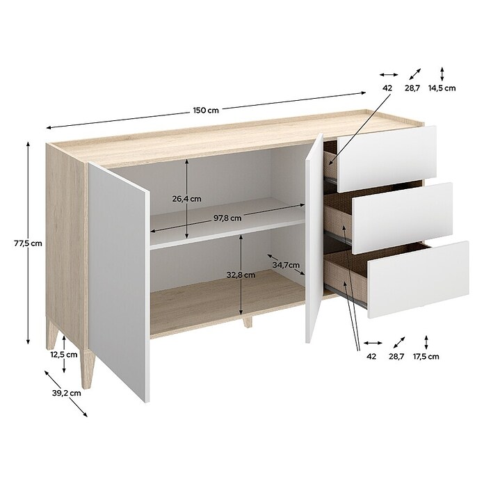Dekit Bari Aparador (L x An x Al: 40 x 150 x 77,5 cm, Roble Natural/Blanco, Número de cajones: 3 ud., Número de puertas: 2 ud.) | BAUHAUS