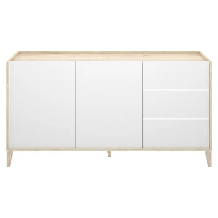 Dekit Bari Aparador - L x An x Al: 40 x 150 x 77,5 cm, Roble Natural/Blanco, Número de cajones: 3 ud., Número de puertas: 2 ud. - Aparador moderno de madera clara con dos puertas de armario blancas y tres cajones blancos.