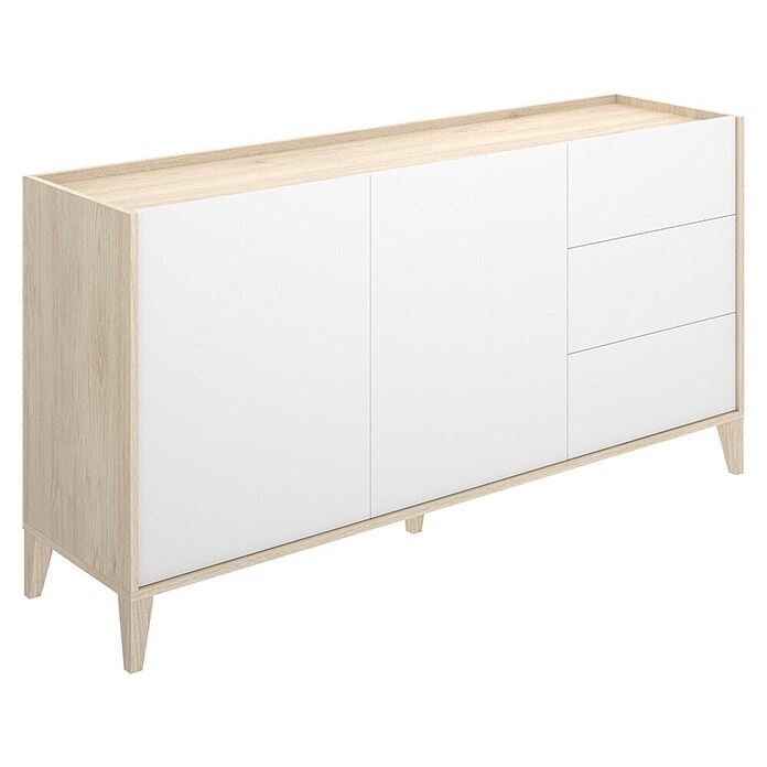 Dekit Bari Aparador (L x An x Al: 40 x 150 x 77,5 cm, Roble Natural/Blanco, Número de cajones: 3 ud., Número de puertas: 2 ud.) | BAUHAUS