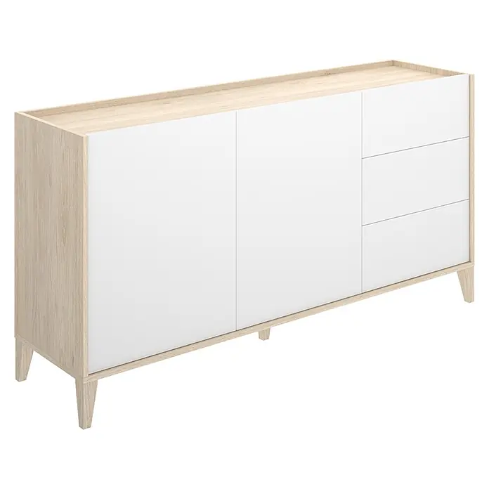 Dekit Bari Aparador - L x An x Al: 40 x 150 x 77,5 cm, Roble Natural/Blanco, Número de cajones: 3 ud., Número de puertas: 2 ud. - Aparador moderno con estructura de madera clara y puertas y cajones blancos.