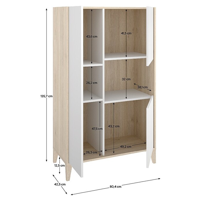 Dekit Bari Aparador (L x An x Al: 43 x 81 x 137,5 cm, Blanco/Natural, Número de puertas: 3 ud.) | BAUHAUS