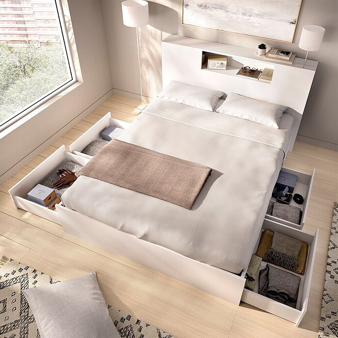 Dekit Ten Cabecero de cama con cama (L x An: 219,8 x 157,2 cm, Blanco, Número de cajones: 4 ud., Específico para: Colchón de 150x190 cm) | BAUHAUS