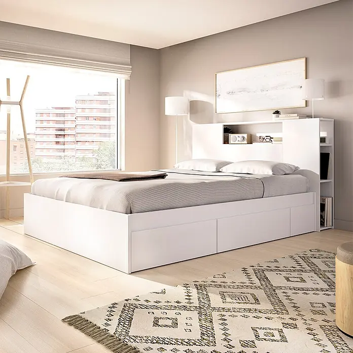 Dekit Ten Cabecero de cama con cama - L x An: 219,8 x 157,2 cm, Blanco, Número de cajones: 4 ud., Específico para: Colchón de 150x190 cm - Cama blanca moderna con cajones integrados bajo la cama y cabecero con estantes, en un dormitorio luminoso.