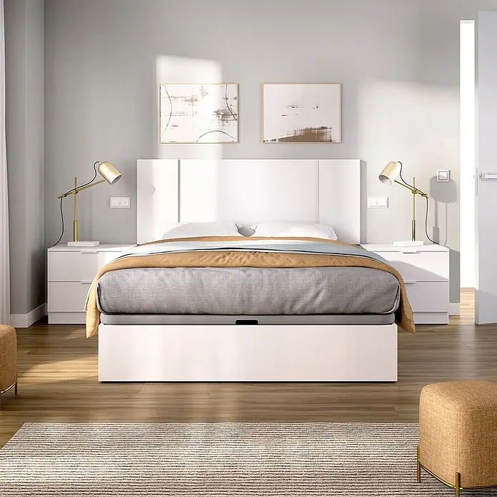 Dekit Set muebles de dormitorio Flow - 4 pzs., Blanco, Específico para: Colchón de 135x190 cm - Cama blanca con almacenamiento, cabecero integrado y mesitas de noche a juego en un dormitorio moderno.