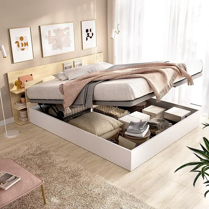 Dekit Cabecero de cama Tori - L x An: 209,2 x 181,2 cm, Roble claro, Con canapé - Cama de madera clara con cabecero con estantes y colchón elevable que revela amplio espacio de almacenaje.