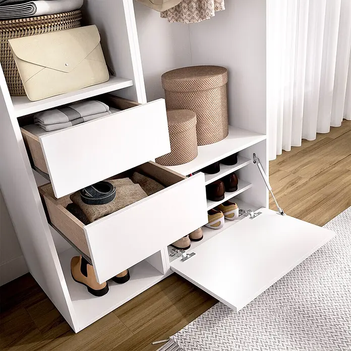 Dekit Armario para ropa Suit - L x An x Al: 45 x 99,5 x 204,5 cm, Blanco/Natural, Trasera reversible - Sistema de armario blanco con cajones extraíbles con inserciones textiles, estantes y zapatero con puerta abatible, para organización práctica.