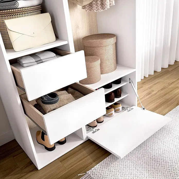 Dekit Armario para ropa Suit - L x An x Al: 45 x 99,5 x 204,5 cm, Blanco/Natural, Trasera reversible - Mueble organizador de armario blanco con cajones de tela extraíbles, zapateros y estantes abiertos.